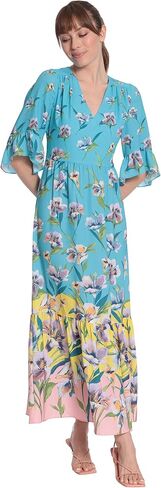 London Times Women's Floral Printed V-Neck Tiered Maxi with Ruffle Elbow Sleeves and Border Hem in Saudi Arabia
