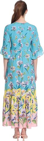 London Times Women's Floral Printed V-Neck Tiered Maxi with Ruffle Elbow Sleeves and Border Hem in Saudi Arabia