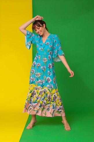 London Times Women's Floral Printed V-Neck Tiered Maxi with Ruffle Elbow Sleeves and Border Hem in Saudi Arabia