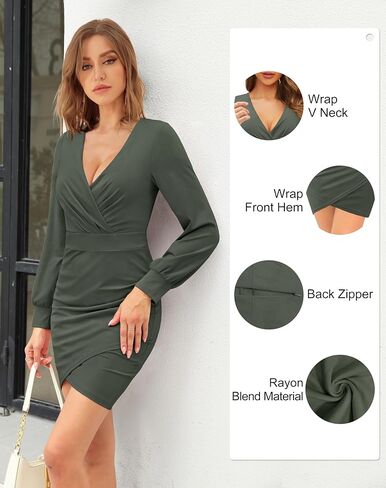 Zattcas Womens Spring Dresses 2024 Puff Long Sleeve Wrap V Neck Ruched Zipper Work Bodycon Elegant Above Knee Length Dress in Saudi Arabia
