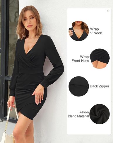 فساتين Zattcas النسائية للربيع 2024، أكمام طويلة منتفخة، رقبة على شكل V، سحاب مكشكش، فستان أنيق فوق الركبة in Kuwait