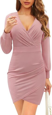 Zattcas Womens Spring Dresses 2024 Puff Long Sleeve Wrap V Neck Ruched Zipper Work Bodycon Elegant Above Knee Length Dress in Saudi Arabia