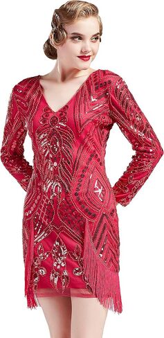 BABEYOND 1920s Flapper Long Sleeves Dress Great Gatsby Fringed Sequins Dress for Prom Party in Saudi Arabia