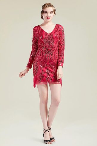 BABEYOND 1920s Flapper Long Sleeves Dress Great Gatsby Fringed Sequins Dress for Prom Party in Saudi Arabia