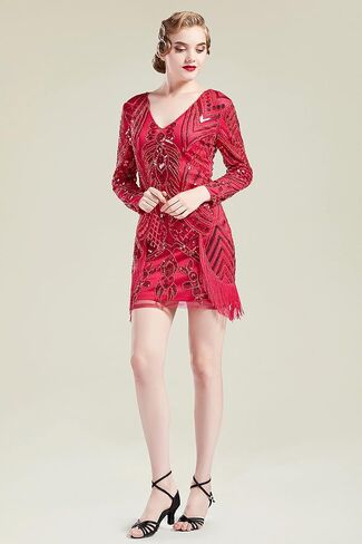 BABEYOND 1920s Flapper Long Sleeves Dress Great Gatsby Fringed Sequins Dress for Prom Party in Saudi Arabia