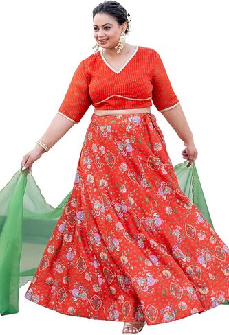 فستان نسائي هندي مقاس كبير من الحرير الكريب البرتقالي مطبوع عليه زهور Lehenga Choli مع وشاح in Kuwait