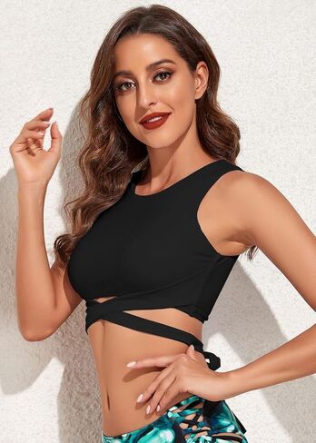 Balasami المرأة داعمة عالية الرقبة كيبك الصليب بيكيني مطبوع رفع الحشو التفاف التعادل تانك ملابس السباحة المايوه القمم فقط in Kuwait