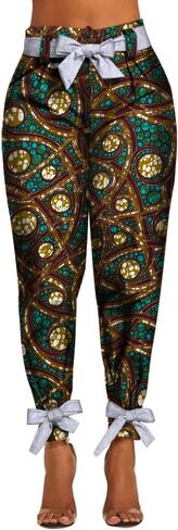 iooiooi Newer Fashion Women African Printed Cotton Casual Long Pants with Fitting Belt in Saudi Arabia