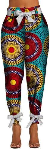 iooiooi Newer Fashion Women African Printed Cotton Casual Long Pants with Fitting Belt in Saudi Arabia