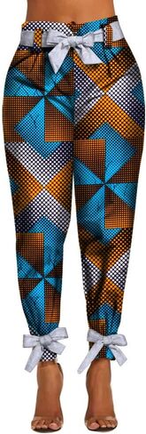 iooiooi Newer Fashion Women African Printed Cotton Casual Long Pants with Fitting Belt in Saudi Arabia