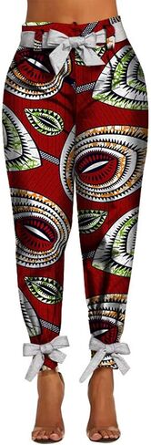 iooiooi Newer Fashion Women African Printed Cotton Casual Long Pants with Fitting Belt in Saudi Arabia