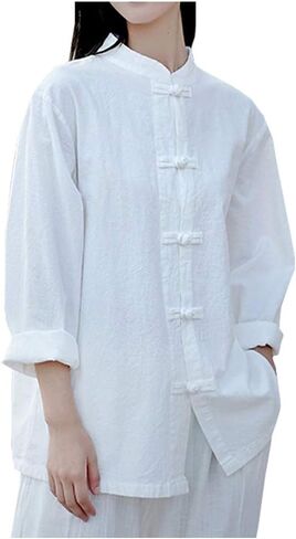 Kedera Women's Linen Shirts Retro Mandarin Collar Chinese Frog Button Tops Blouse in Saudi Arabia