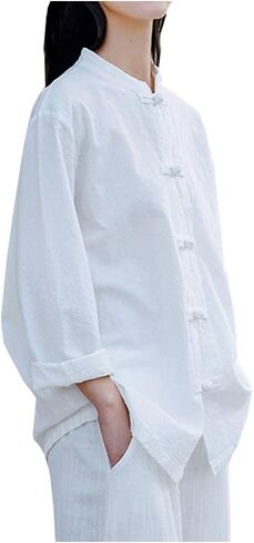 Kedera Women's Linen Shirts Retro Mandarin Collar Chinese Frog Button Tops Blouse in Saudi Arabia