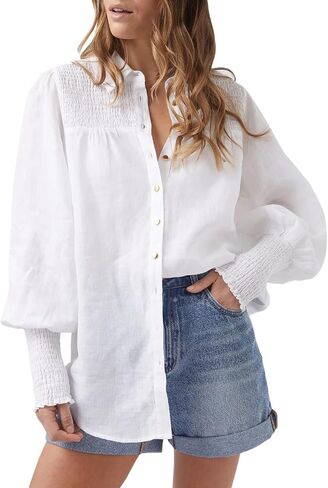 Cicy Bell Women's Button Down Shirts Lantern Long Sleeve Collar Neck Casual Cotton Blouse Tops in Saudi Arabia