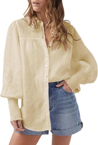 Cicy Bell Women's Button Down Shirts Lantern Long Sleeve Collar Neck Casual Cotton Blouse Tops in Saudi Arabia