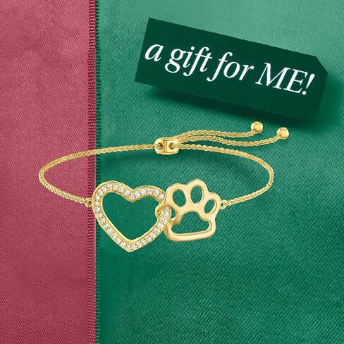 Ross-Simons 0.20 ct. t.w. White Topaz Heart and Paw Bolo Bracelet in 18kt Gold Over Sterling in Saudi Arabia