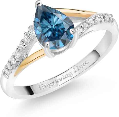 Gem Stone King 925 من الفضة الإسترليني والذهب الأصفر عيار 10 قيراط درجتين مخصصتين وشخصيتين مقاس 8 × 6 مم على شكل كمثرى من الأحجار الكريمة وخاتم الماس الأبيض المزروع في المختبر للنساء in Saudi Arabia