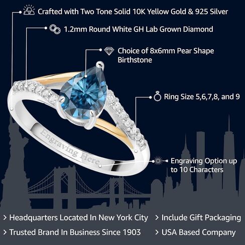Gem Stone King 925 من الفضة الإسترليني والذهب الأصفر عيار 10 قيراط درجتين مخصصتين وشخصيتين مقاس 8 × 6 مم على شكل كمثرى من الأحجار الكريمة وخاتم الماس الأبيض المزروع في المختبر للنساء in Saudi Arabia