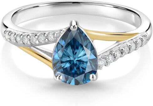 Gem Stone King 925 من الفضة الإسترليني والذهب الأصفر عيار 10 قيراط درجتين مخصصتين وشخصيتين مقاس 8 × 6 مم على شكل كمثرى من الأحجار الكريمة وخاتم الماس الأبيض المزروع في المختبر للنساء in Saudi Arabia