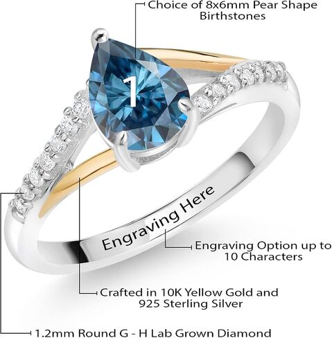 Gem Stone King 925 من الفضة الإسترليني والذهب الأصفر عيار 10 قيراط درجتين مخصصتين وشخصيتين مقاس 8 × 6 مم على شكل كمثرى من الأحجار الكريمة وخاتم الماس الأبيض المزروع في المختبر للنساء in Saudi Arabia