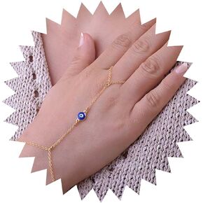 Boho Evil Eye Finger Ring Bracelets Gold Slave Bracelet Vintage Eye Ring Wrist Bracelet Lucky Eye Hand Chain Bracelet for Women and Girls