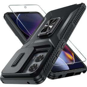 for Motorola Moto G Stylus 5G 2024 Case with Tempered Glass Screen Protector and Camera Lens Cover,Rotated Ring Stable Kickstand,Heavy Duty Shockproof Protective Phone Cover-Black