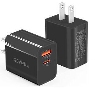 كتلة شاحن حائط USB C بقدرة 20 وات، 2 حزمة شحن سريع، منفذ مزدوج PD توصيل الطاقة من النوع C قابس محول شاحن متوافق مع iPhone 14/13/12/11/Pro/Max/Mini/SE X XS، Galaxy والمزيد (أزرق) )