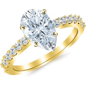 14K White Gold 3 Carat LAB GROWN DIAMOND Classic Prong Set Pear Cut Diamond Engagement Ring (G-H Color VS2-SI1 Clarity 2.5 Ct Center)