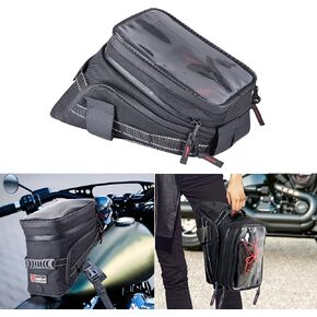 Universal Motorcycle Tank Bag, Water Resistant Gas Oil Fuel Tank Bag Phone Pocket Touch Screen For Yamaha for Kawasaki for Harley For Suzuki with Rain Cover Mounting Straps (Black)