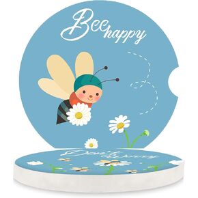 2.56" Ceramic Car Coasters - Adorable Bee Design: Don't Worry, Bee Happy - Perfect Auto Cup Holders for Car, Absorbent, Durable