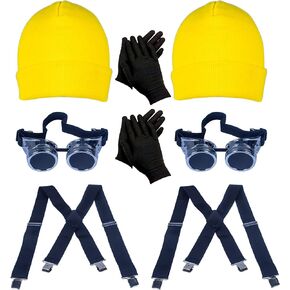 Vintage Steampunk Goggles Set Yellow Knit Beanie Clip Suspenders Black Gloves Costume Accessories for Halloween Party