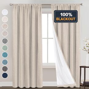 100% Blackout Curtains Primitive Linen Textured Curtain Drapes for Bedroom Full Light Blocking Window Curtains Draperies for Living Burlap Fabric Soft with White Liner (52"W x 95"L, Grey)