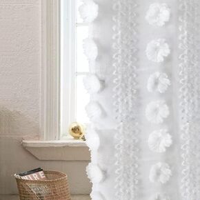 YINFUNG White Sheer Curtains Boho Pom 63 Inch Long Semi Sheer Embroidered Tufted Textured Floral Window Curtain 2 Panel Set Shabby Chic Voile Window Treatments Living Room Bedroom
