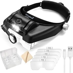 Magnifying Glass with Light 1X to 14X, Rechargeable Magnifying Glasses, Head Mount Manifying Glass, Headset Magnifier with Detachable Lens, Headband Magnifier for Close Work Jewelers Crafts