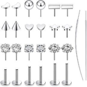20G 18G 16G Threadless Push in Nose Ring Studs Flat Back Stud Earrings 316L Surgical Steel Tragus Helix Cartilage Earrings Lip Labret Medusa Piercing Jewelry For Women Men