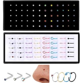 Nose Rings Studs Hoops,Straight/L Shaped Nose Studs,100Pcs 20G Surgical Stainless Steel Nose Rings Set for Women Men, 1.5/2.0/2.5mm CZ Size Cute Nose Bone Studs Nose Piercing Jewelry for Gift