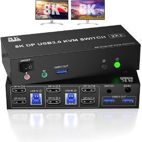 محول Displayport KVM بشاشة مزدوجة 8K@60 هرتز/4K@144 هرتز DP 1.4 USB 3.0 KVM لجهازي كمبيوتر يشاركان شاشتين و3 أجهزة USB مع ميكروفون صوتي، يدعم وضع المرآة الممتد in Kuwait