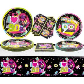 90s Party Supplies - 122 Pcs 90s Plates Napkins Tablecloth Set, for Back to the 90s Party Decorations, 90s Theme Birthday Party Supplies - Serves 40