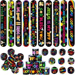 Frienda 60 Pcs Easter Religious Gifts Religious Slap Bracelets with Badges Christian Gifts for Kids Jesus Love You Wristbands Bracelets for Vbs Sunday School Supplies Birthday Party Favors(God)