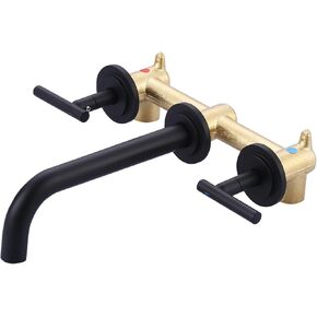 WOWOW Wall Mount Bathroom Faucet Matte Black Wall Faucet High Flow Two Handles Stainless Steels,Long Spout Reach,Widespread Bathroom Sink Faucet with Rough-in Valve 3 Holes Elegant Classic Spout