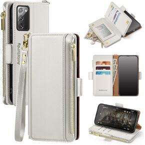 Antsturdy Samsung Galaxy Note 20 5G Wallet case with Card Holder for Women Men,Galaxy Note 20 Phone case RFID Blocking PU Leather Flip Shockproof Cover with Strap Zipper Credit Card Slots,Beige