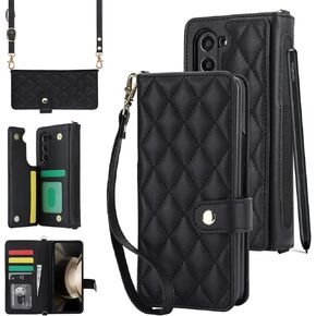 for Samsung Galaxy Z Fold 5 Wallet Case with 6 Credit Card Slots and S-Pen Slot, RFID Blocking, Adjustable Strap, Multi Card Function Premium Leather Magnetic Clasp Kickstand Cover.(Black)