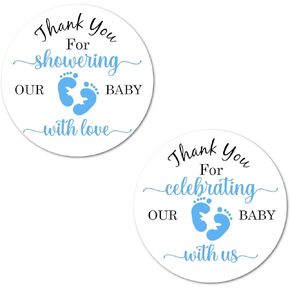 40 Thank You for Showering Our Baby with Love Stickers, 2 Inch Big Round Glossy Labels, Blue Footprints Theme for Boy, Great for Party Favors, Tags, Games and Supplies. Made in USA