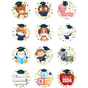 36Pcs Class of 2024 Graduation Stickers Labels Cute Animals Gift Tag Label 1.5" Graduation Envelope Seals Cartoon Cap Label for Card Envelope Seals Boy Girl Preschool Graduation Party