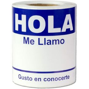100 Spanish Name Tags - Hola, Me Llamo Name Badges - 4 x 2.3 inch, Blue - Frabric Safe & Peforated - Spanish Name Badge Stickers
