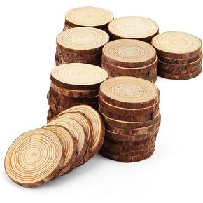 LEXININ 50 PCS Natural Wood Slices, 3.5-3.9 Inch Unfinished Wooden Log Slices, Tree Bark Wood Discs for Craft DIY Ornaments