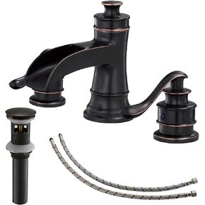 Widespread Bathroom Faucet Black Gold, Bathroom Faucet 3 Hole Waterfall, Bathroom Faucet for Sink 3 Hole, Farmhouse 2-Handle Vanity Lavatory with Pop Up Drain with Overflow Set