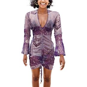Women Cover Ups Sexy Flared Sleeve V Neck See Through Mesh Mini Dresses