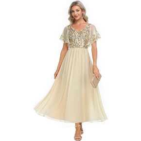 Ever-Pretty Women's V-Neck Sequin Applique Ruffles Sleeves Backless A-Line Evening Dresses 01583