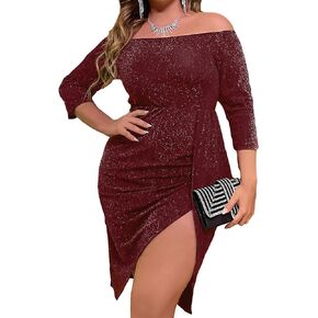 WDIRARA Women's Plus Size Off The Shoulder 3/4 Sleeve Wrap Hem Cocktail Party Glitter Dress